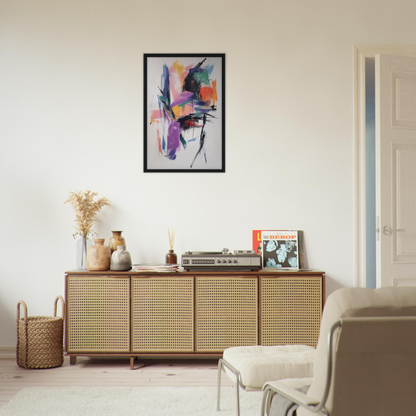 Wooden sideboard with cane-webbed doors and decorative items for Chaos Color Waltz