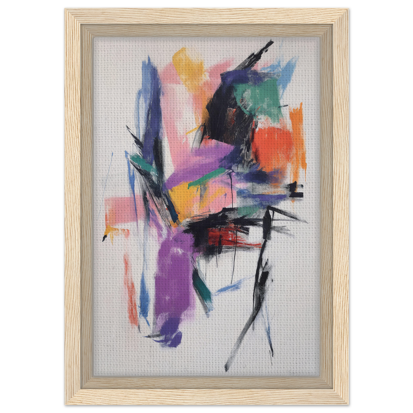 Abstract painting titled Chaos Color Waltz in a light wooden frame for stylish room decor