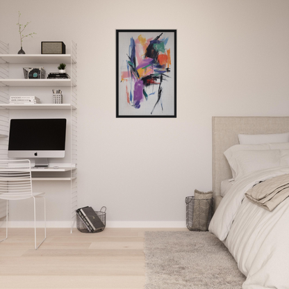 Modern bedroom showcasing Chaos Color Waltz framed canvas art as focal point in room decor