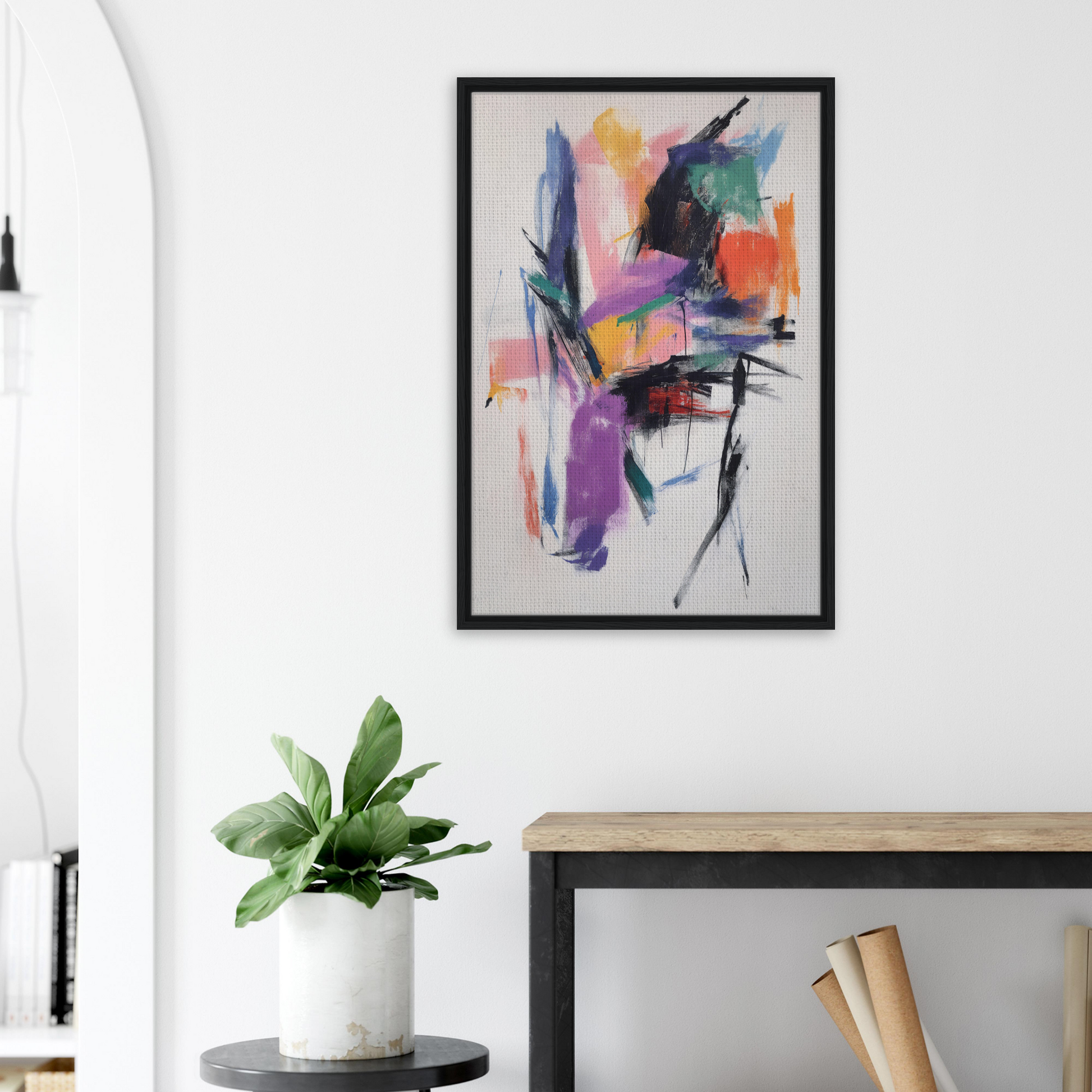 Abstract painting with vibrant brushstrokes in a black frame, ideal for Chaos Color Waltz room decor