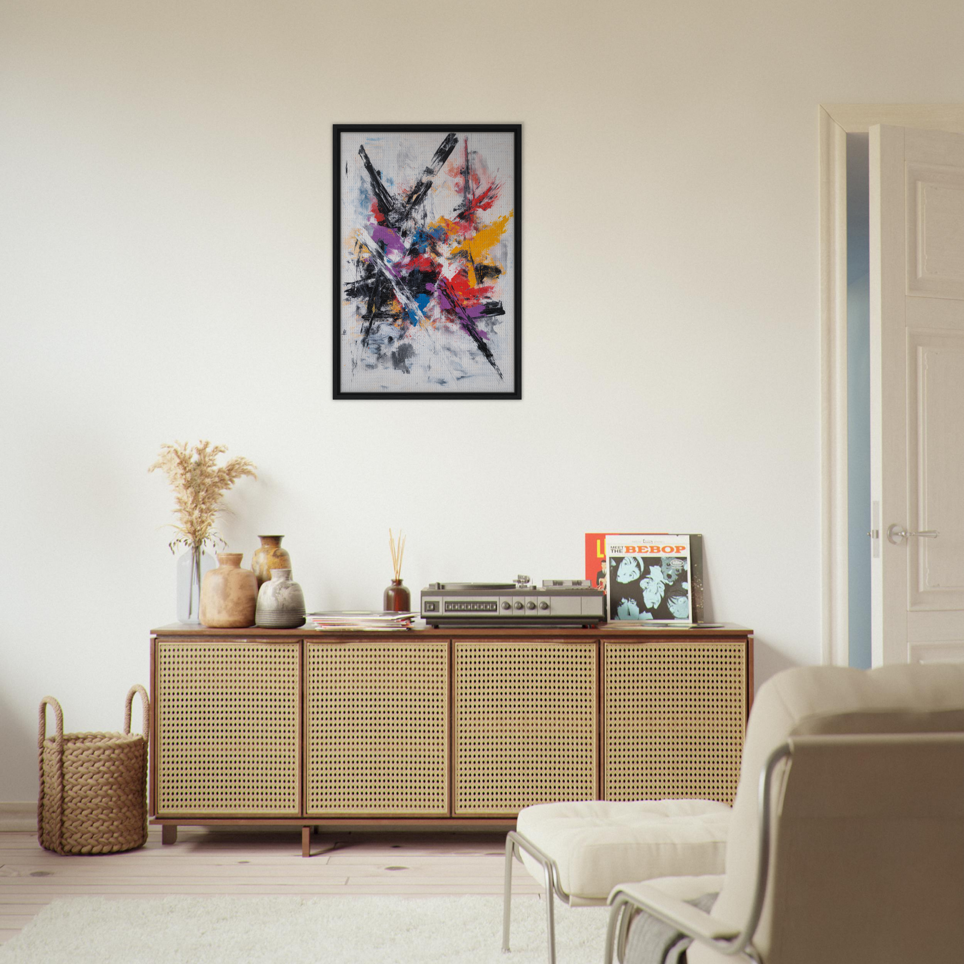 Wooden sideboard with cane-webbed doors and decorative items from Chaotic Color Symphony