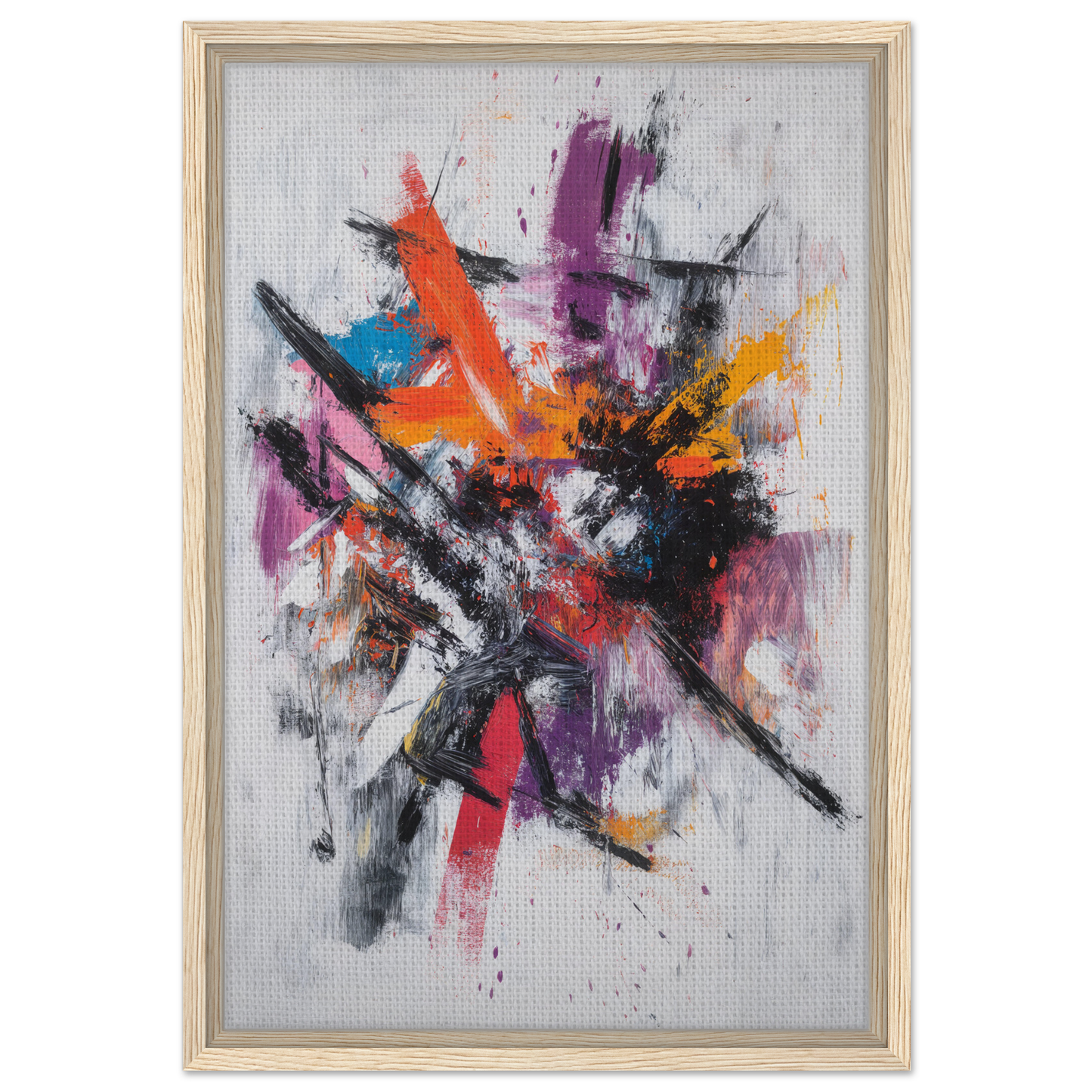 Abstract painting titled Chaotic Color Symphony featuring vibrant colors in wooden frame