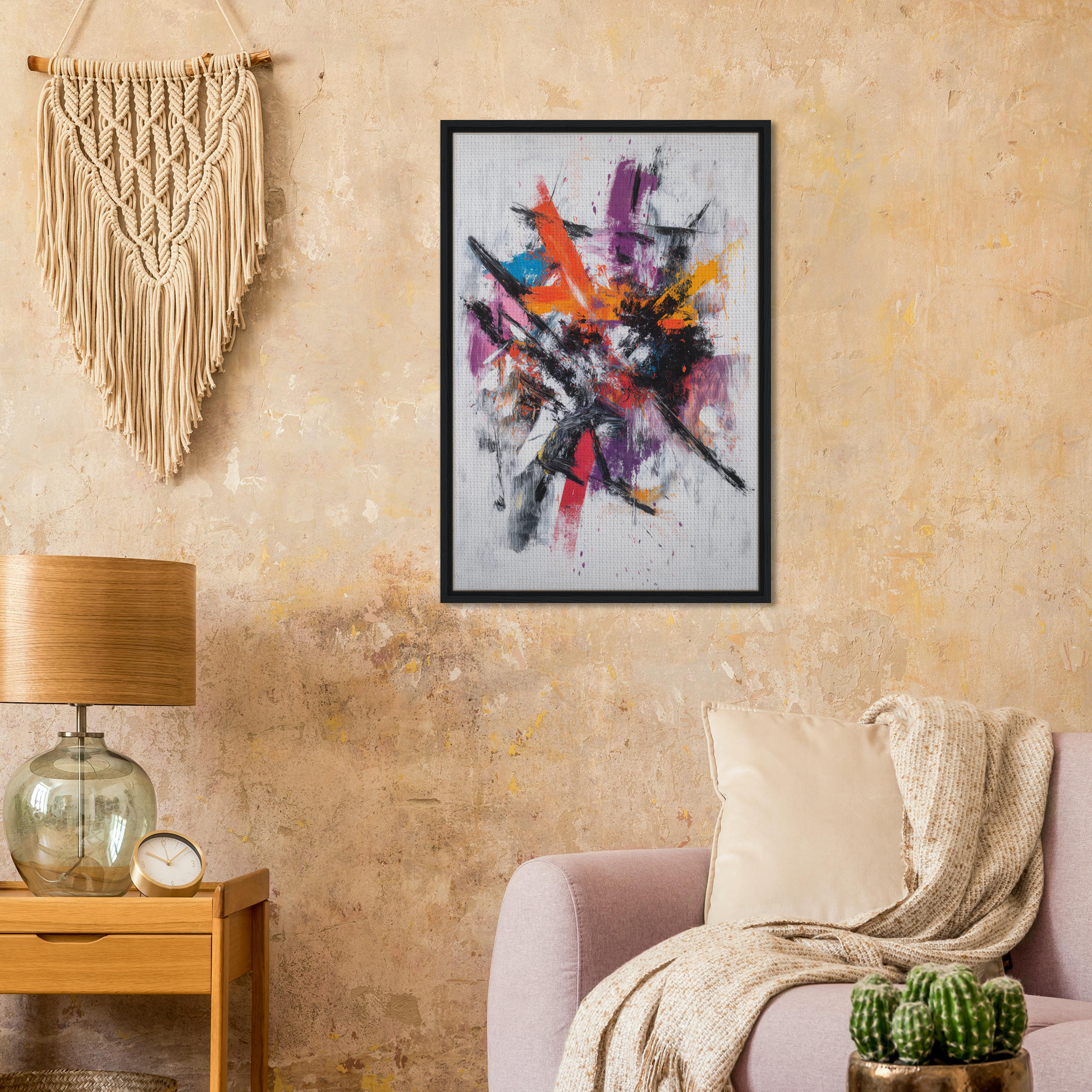 Framed abstract painting from Chaotic Color Symphony showcasing vibrant splashes for room decor