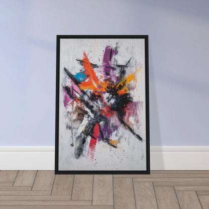 Abstract painting in vibrant colors within a black frame, Chaotic Color Symphony