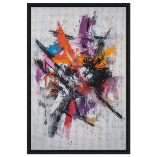 Abstract painting titled Chaotic Color Symphony with vibrant splashes on a light background