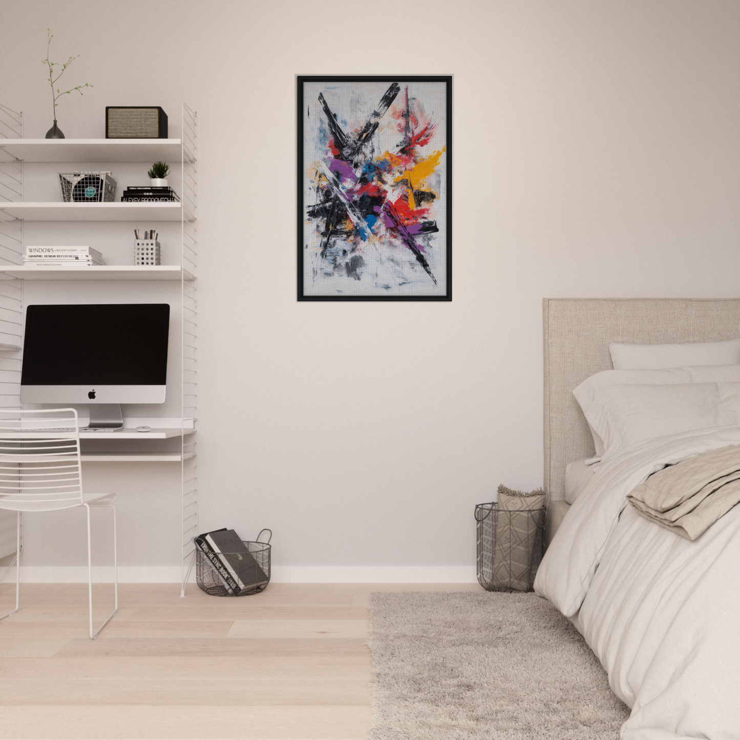 Colorful abstract painting in a black frame, enhancing room decor in Chaotic Color Symphony