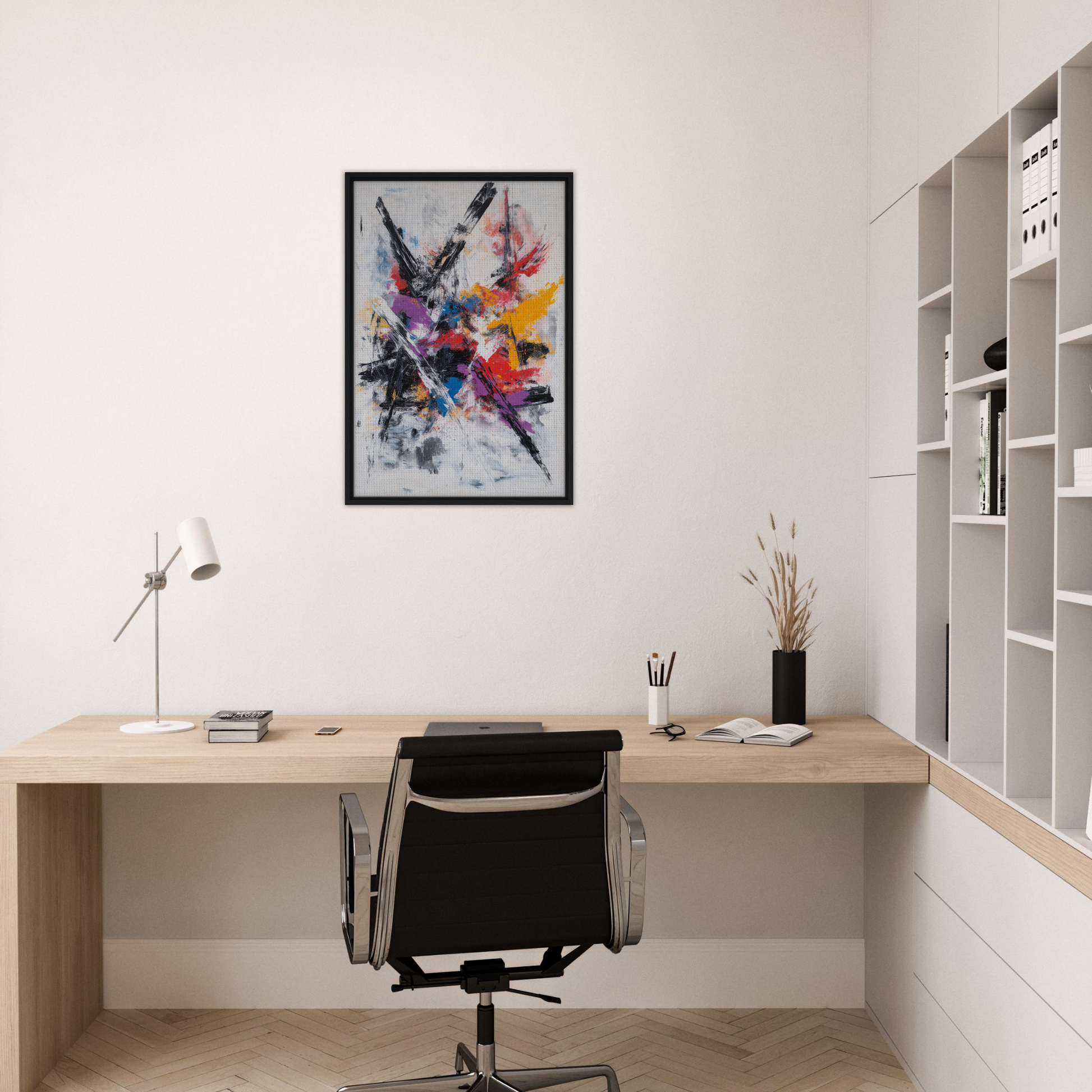 Modern home office with wooden desk, chair, and Chaotic Color Symphony framed canvas wall decor