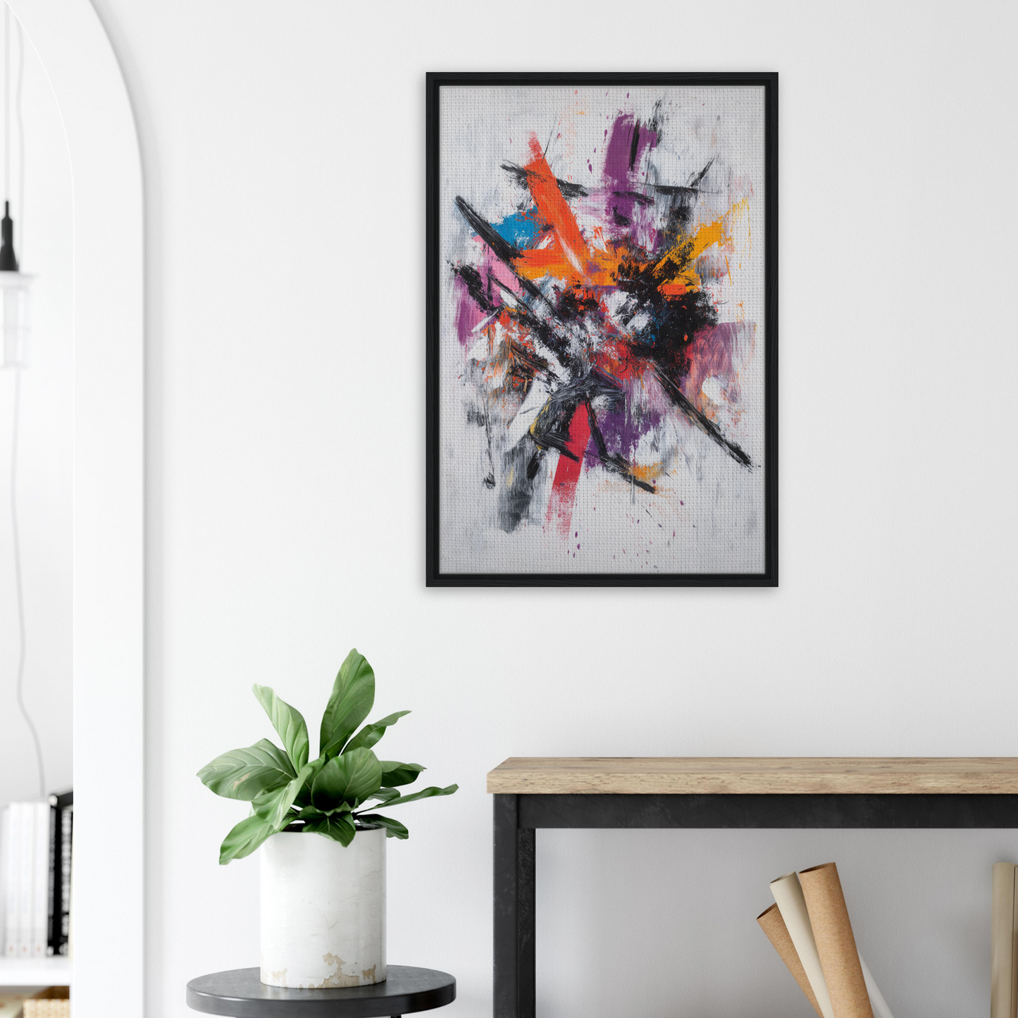 Abstract painting titled Chaotic Color Symphony with vibrant brushstrokes in black frame