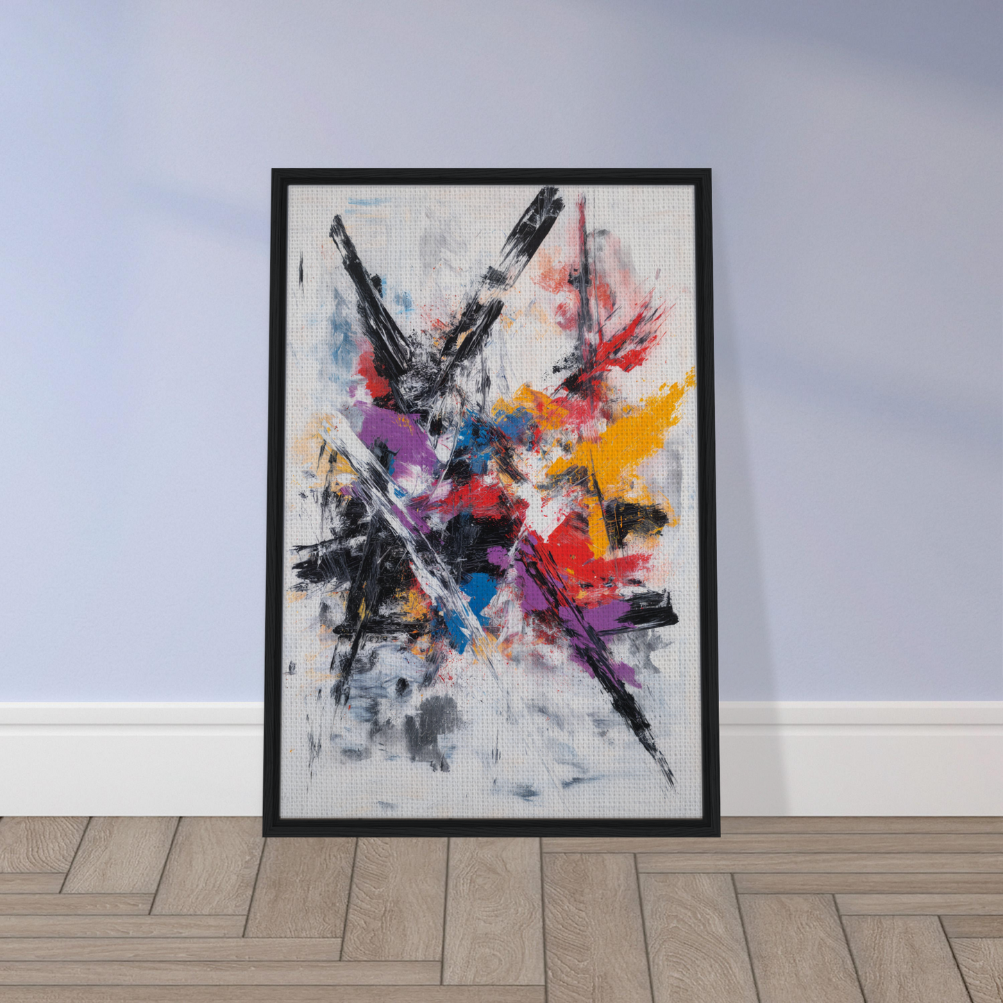 Framed canvas print of Chaotic Color Symphony with vibrant splashes on white background