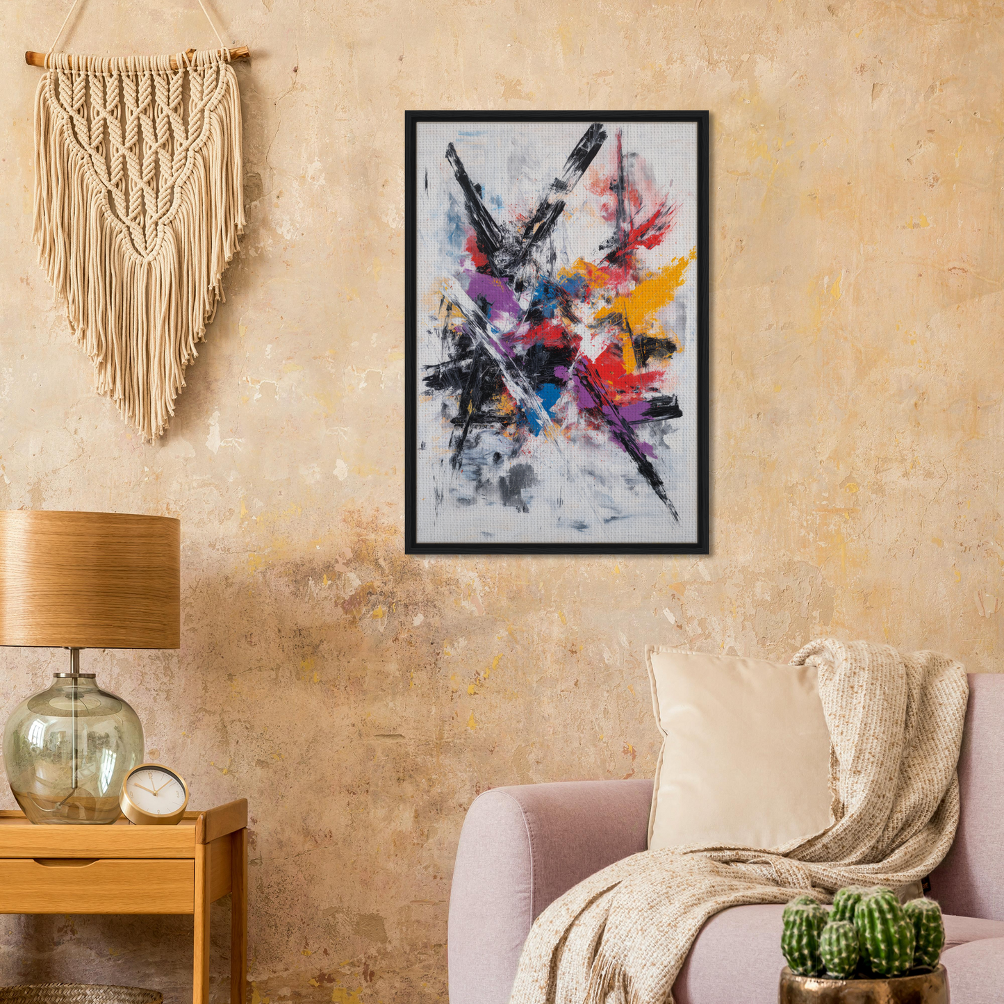 Colorful abstract painting in black frame displayed as Framed Canvas Print Chaotic Color Symphony