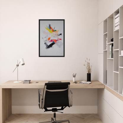 Minimalist home office featuring a Cosmic Tableau framed canvas print and modern decor