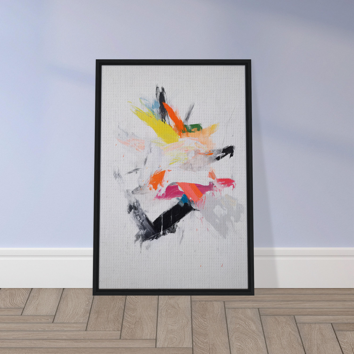 Framed canvas print of Chaotic Cosmic Tableau featuring colorful brushstrokes