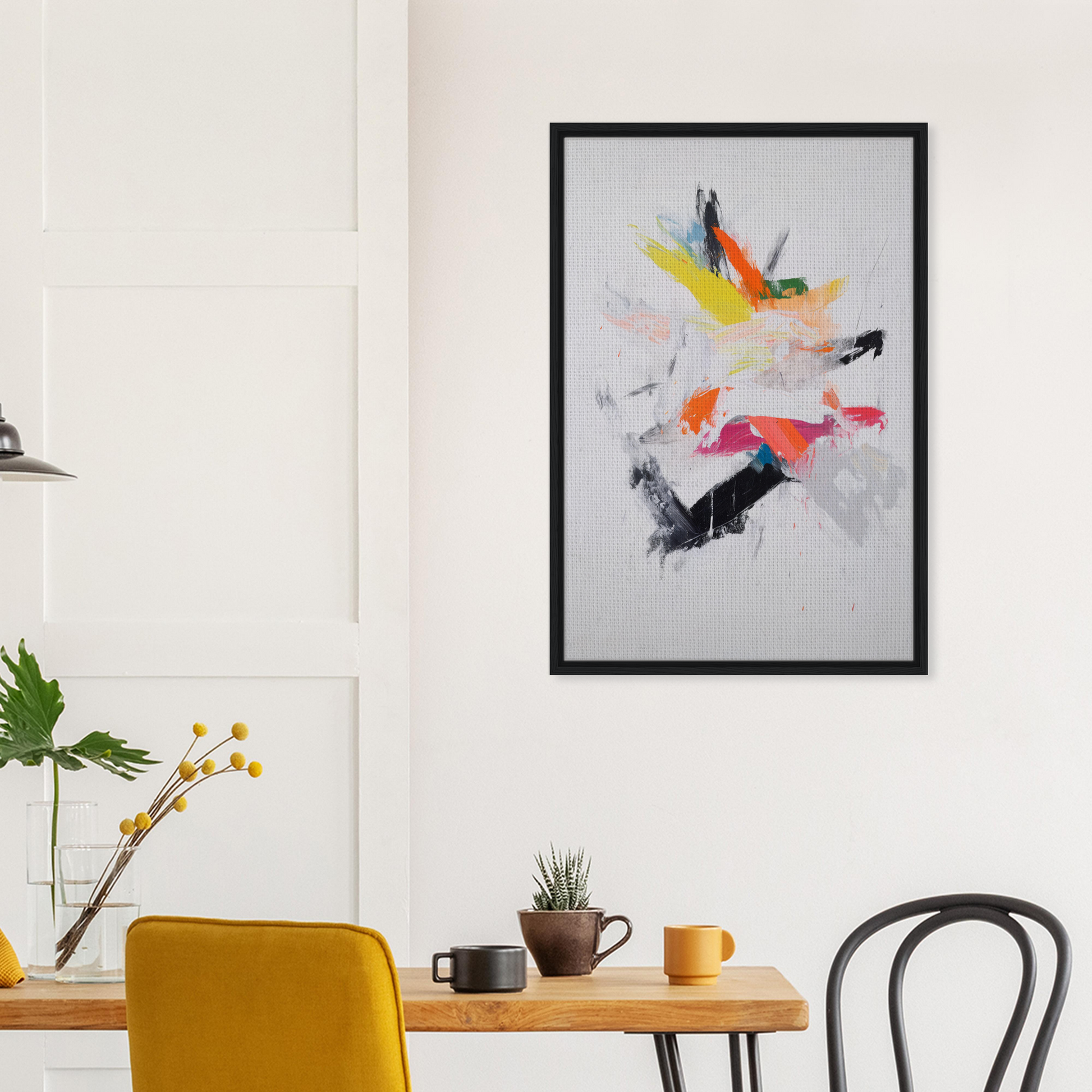 Abstract painting with colorful brushstrokes in a black frame for Chaotic Cosmic Tableau