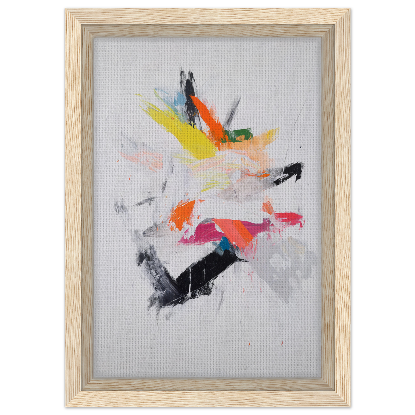 Abstract painting with colorful brushstrokes in light wood frame for Chaotic Cosmic Tableau