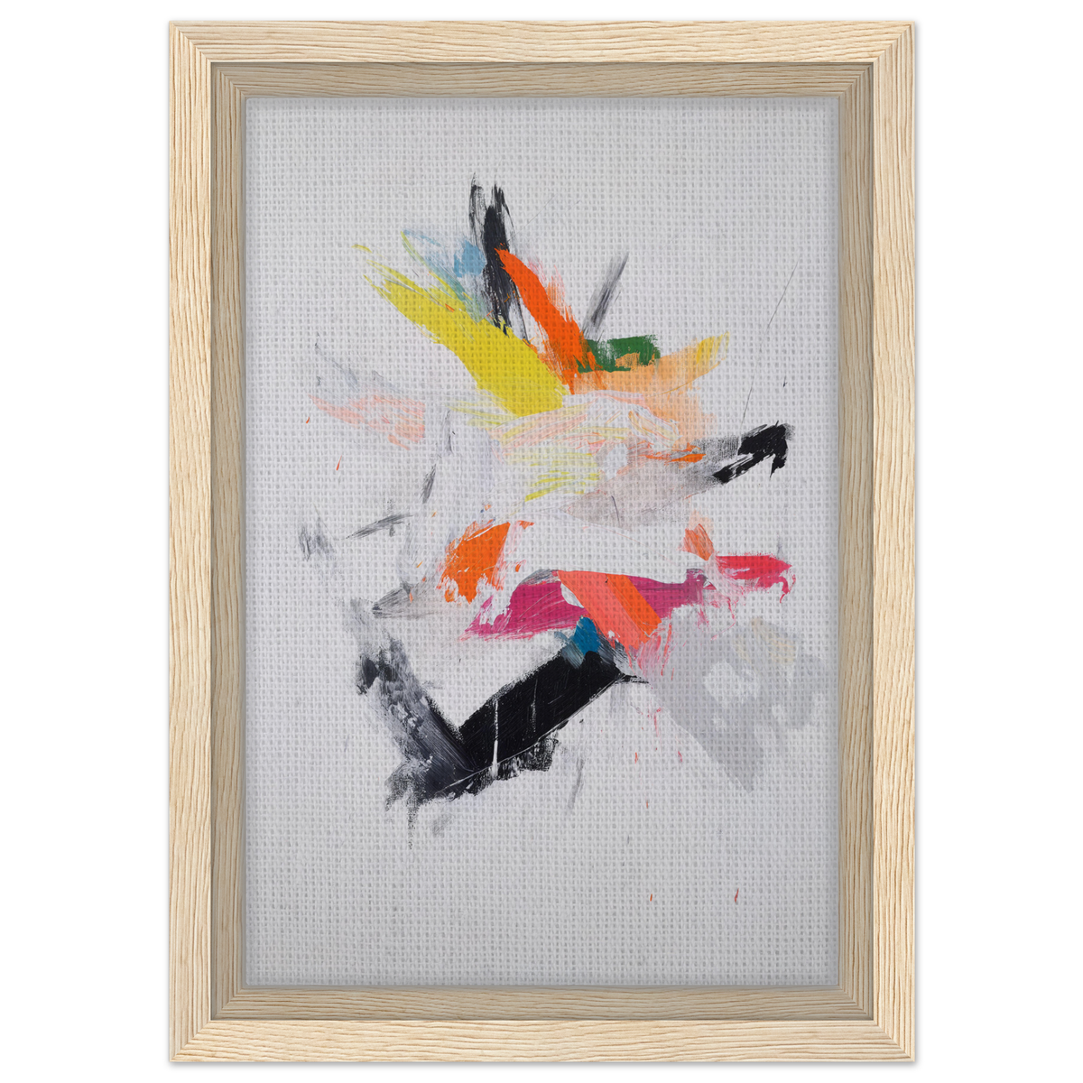 Abstract painting with colorful brushstrokes in light wood frame for Chaotic Cosmic Tableau