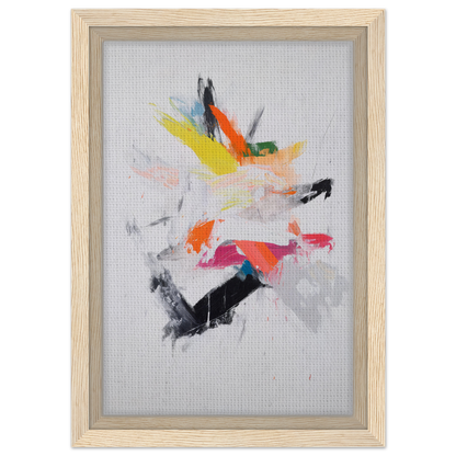 Abstract painting with colorful brushstrokes in light wood frame for Chaotic Cosmic Tableau