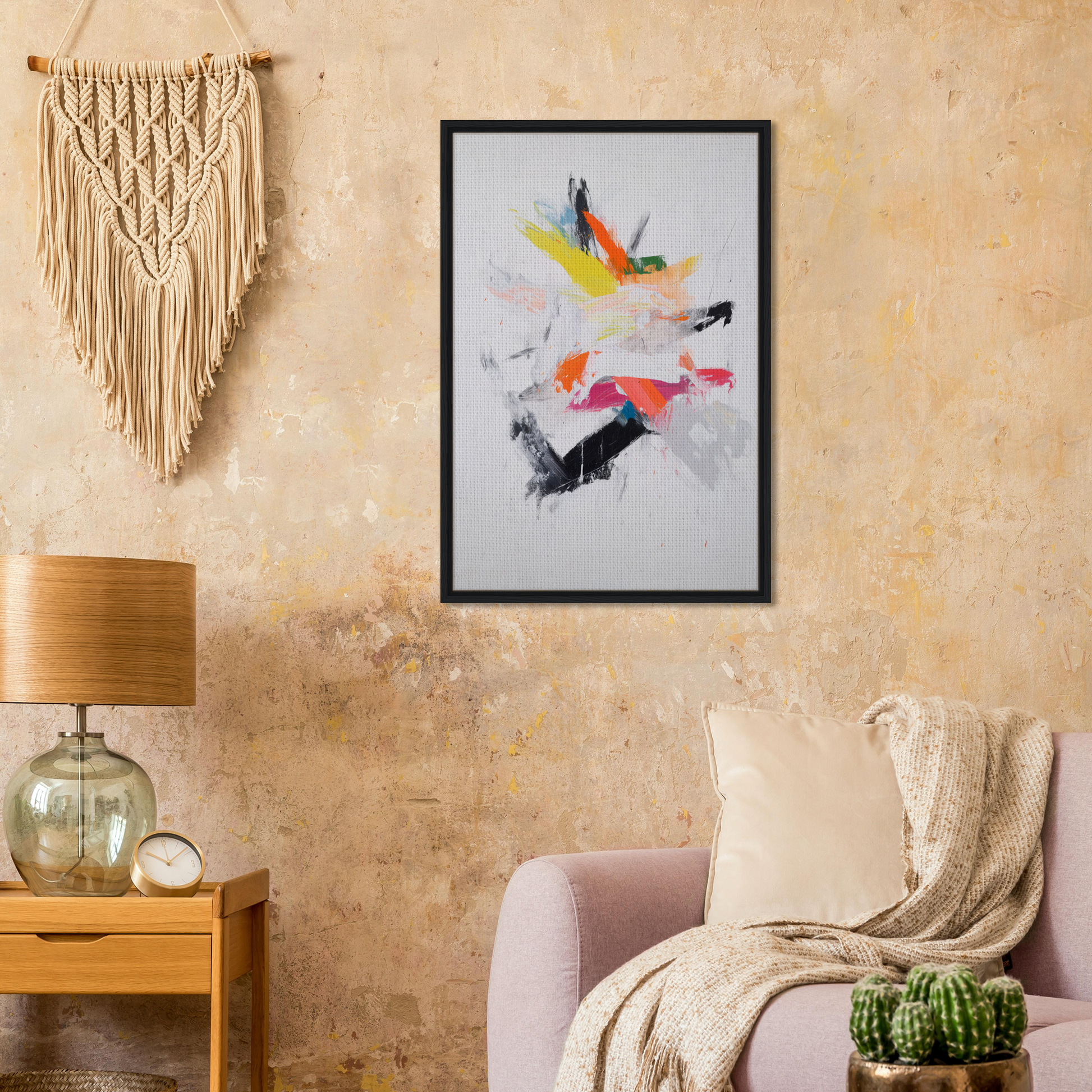 Framed abstract painting titled Chaotic Cosmic Tableau with colorful brushstrokes