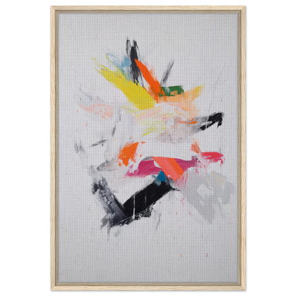 Abstract painting featuring vibrant brushstrokes in a wooden frame, Chaotic Cosmic Tableau