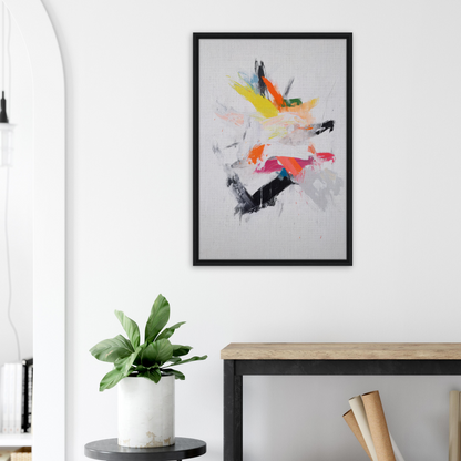 Abstract painting with vibrant brushstrokes in a black frame, Chaotic Cosmic Tableau