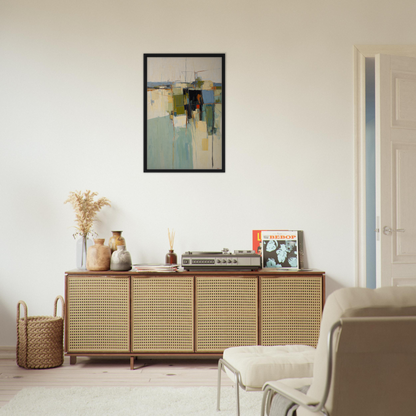 Wooden sideboard with cane-webbed doors showcasing decorative items and geometric harmony