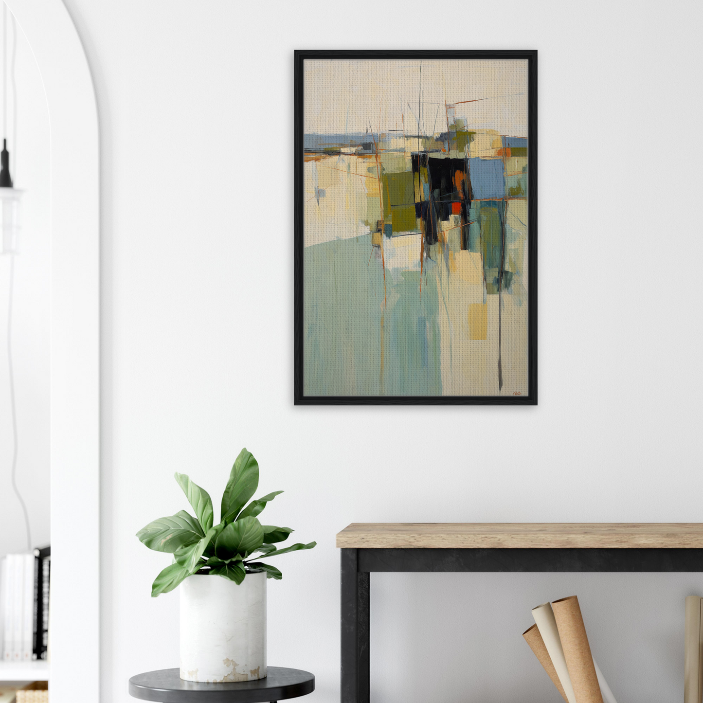 Abstract geometric shapes in muted colors on a wall, framed canvas print of Chaotic Geometric Harmony