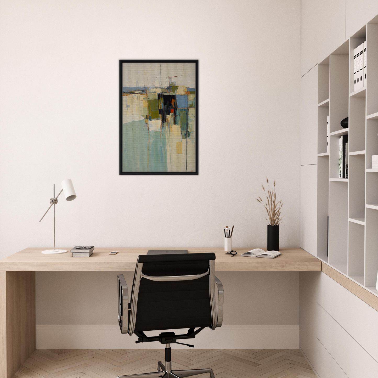 Minimalist home office featuring Chaotic Geometric Harmony wall art as room decor