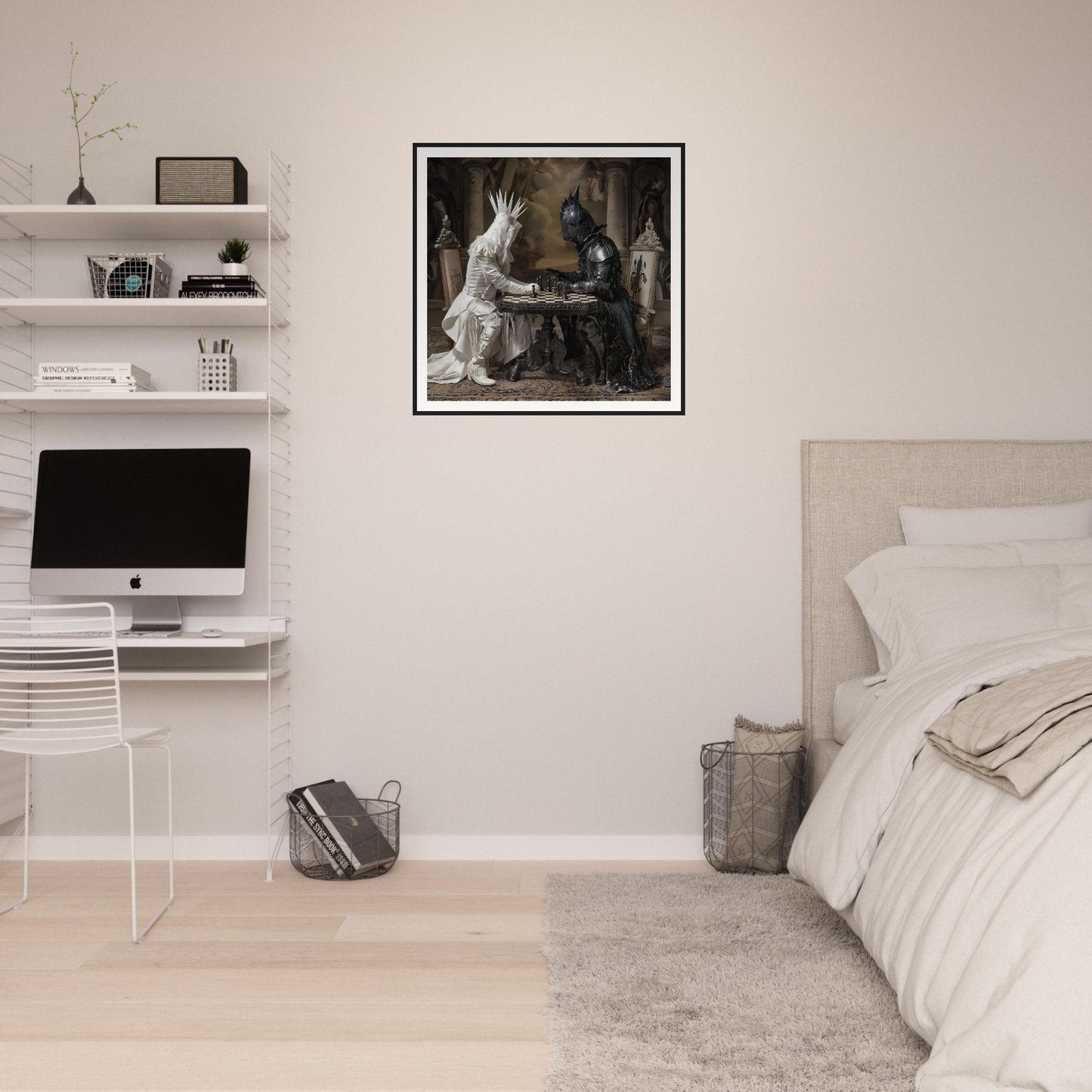 Minimalist bedroom featuring Chess Diabolic Harmonies art, floating shelves, and a stylish iMac