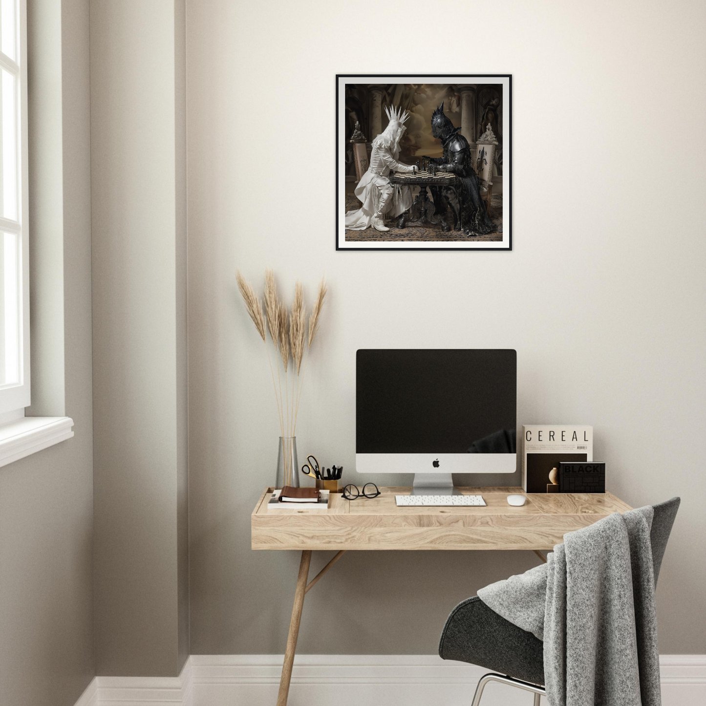 Minimalist wooden desk with iMac and pampas grass from Chess Diabolic Harmonies