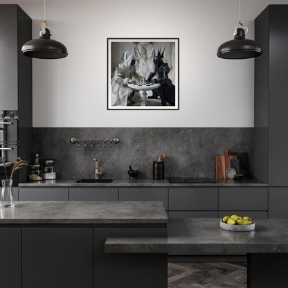 Modern dark gray kitchen featuring Chess Duality Dance artwork and stylish black pendant lights