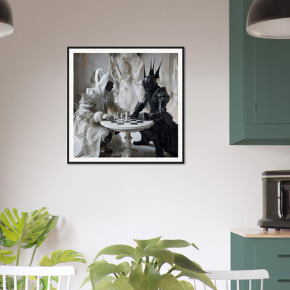 Framed black and white art of two figures sharing food for Chess Duality Dance