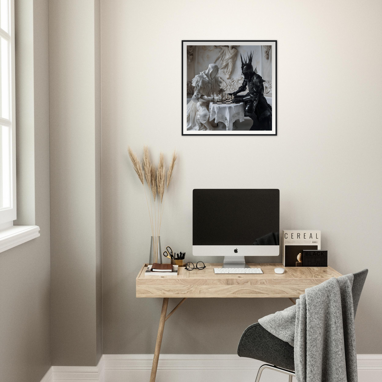 Minimalist wooden desk with iMac and Rhapsody Duality framed art above it