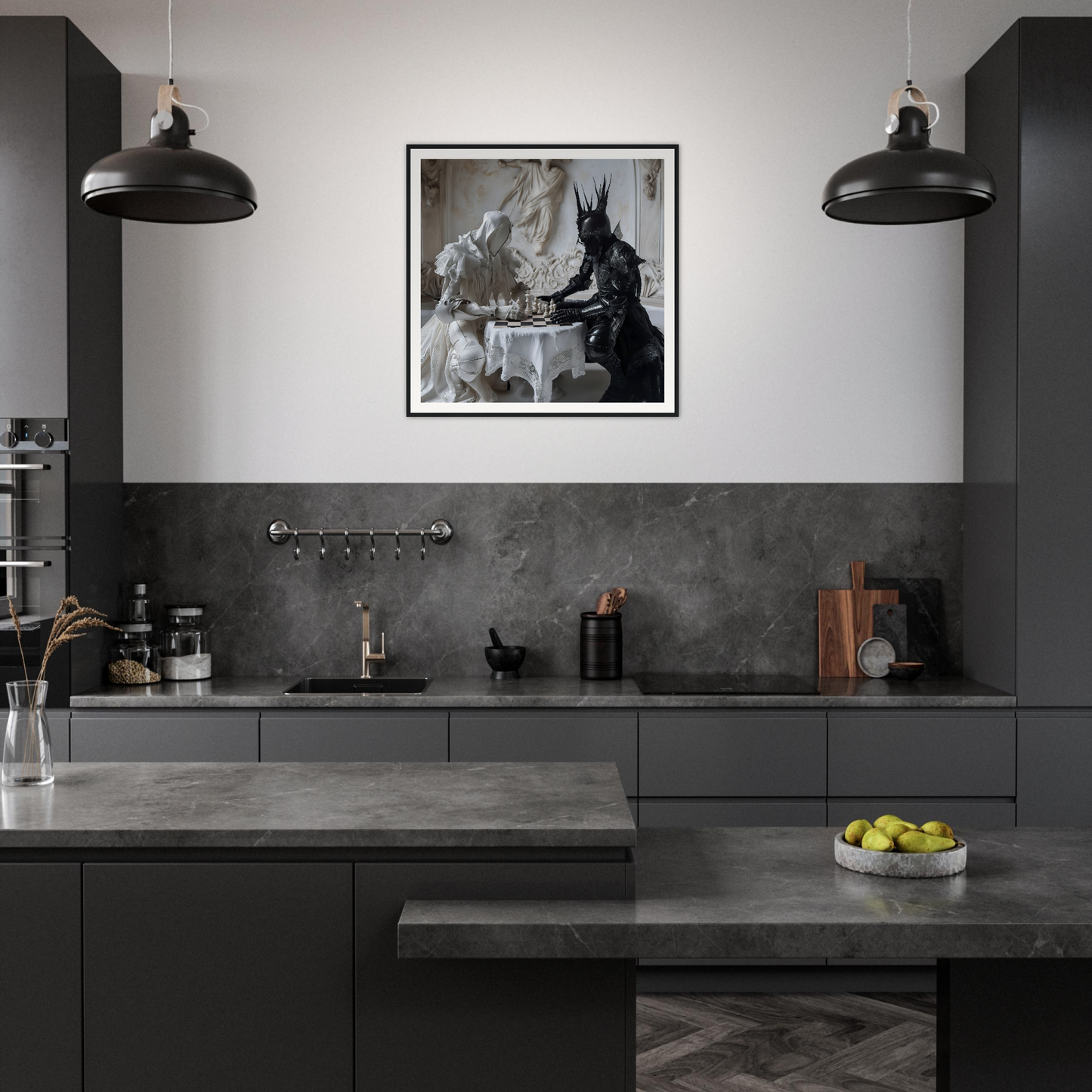 Modern dark gray kitchen featuring Chess Rhapsody Duality art with stylish pendant lights