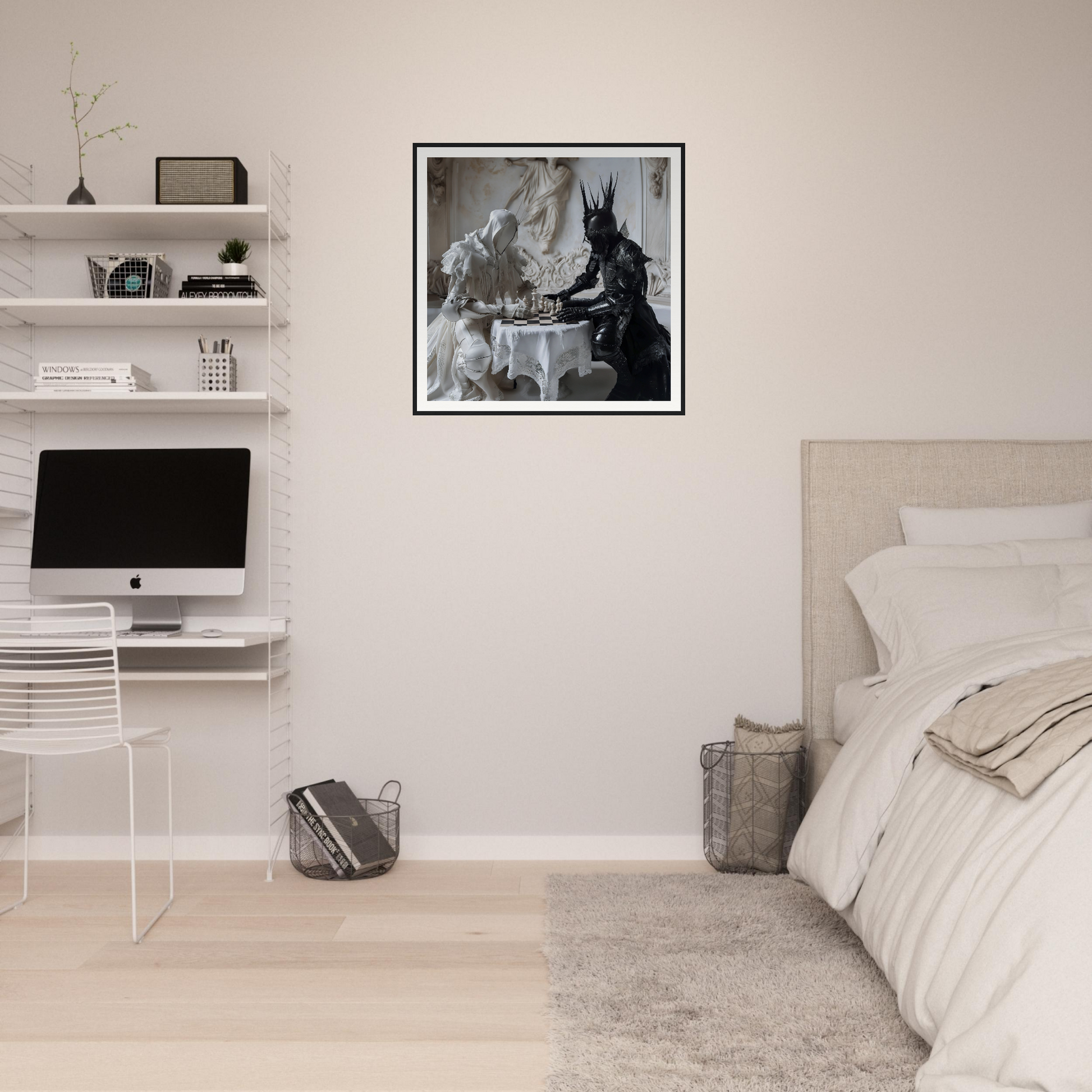 Minimalist bedroom featuring Chess Rhapsody Duality with floating shelves and iMac workstation