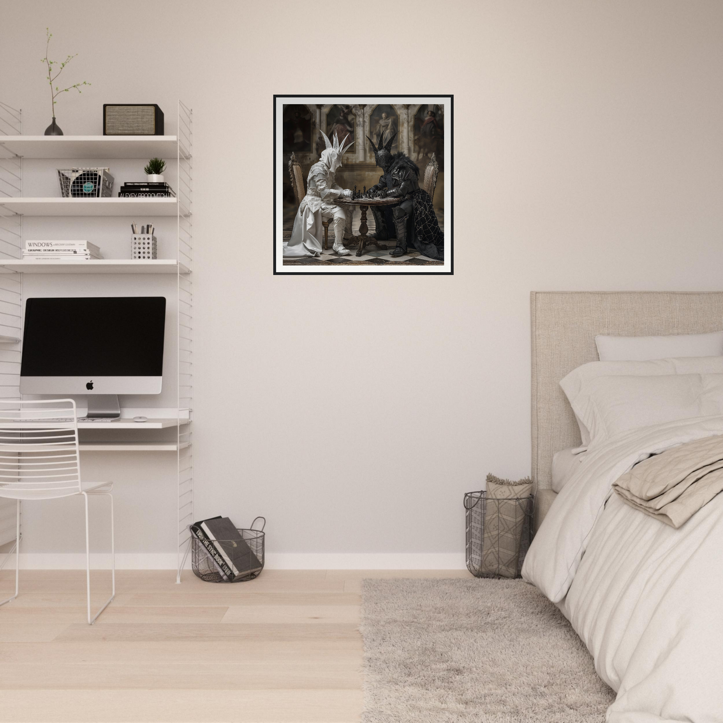 Minimalist bedroom featuring Chessboard Waltz framed art and sleek floating shelves