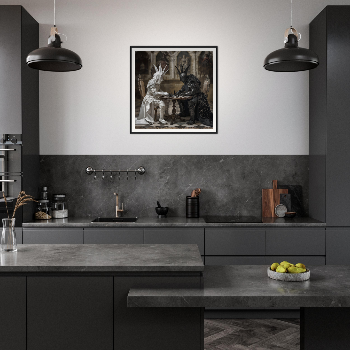 Chic Modern dark kitchen with Chessboard Waltz framed art and matte black cabinets