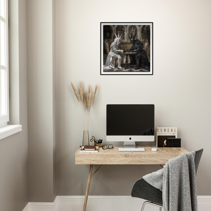 Minimalist wooden desk with iMac and pampas grass in Chessboard Waltz framed art