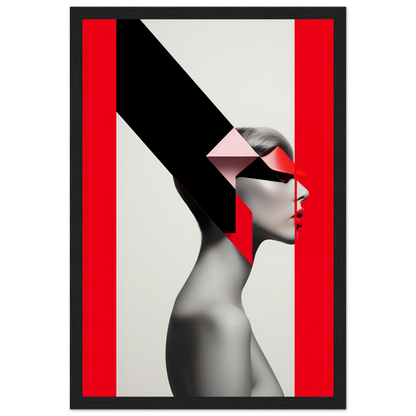 Stylized profile portrait combining geometric shapes and a human figure in black, white, and red.