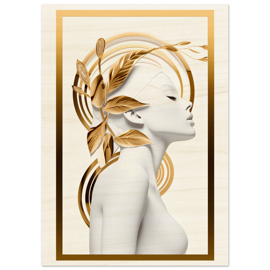 Stylized profile portrait of a woman with golden leaves and wheat adorning her hair.