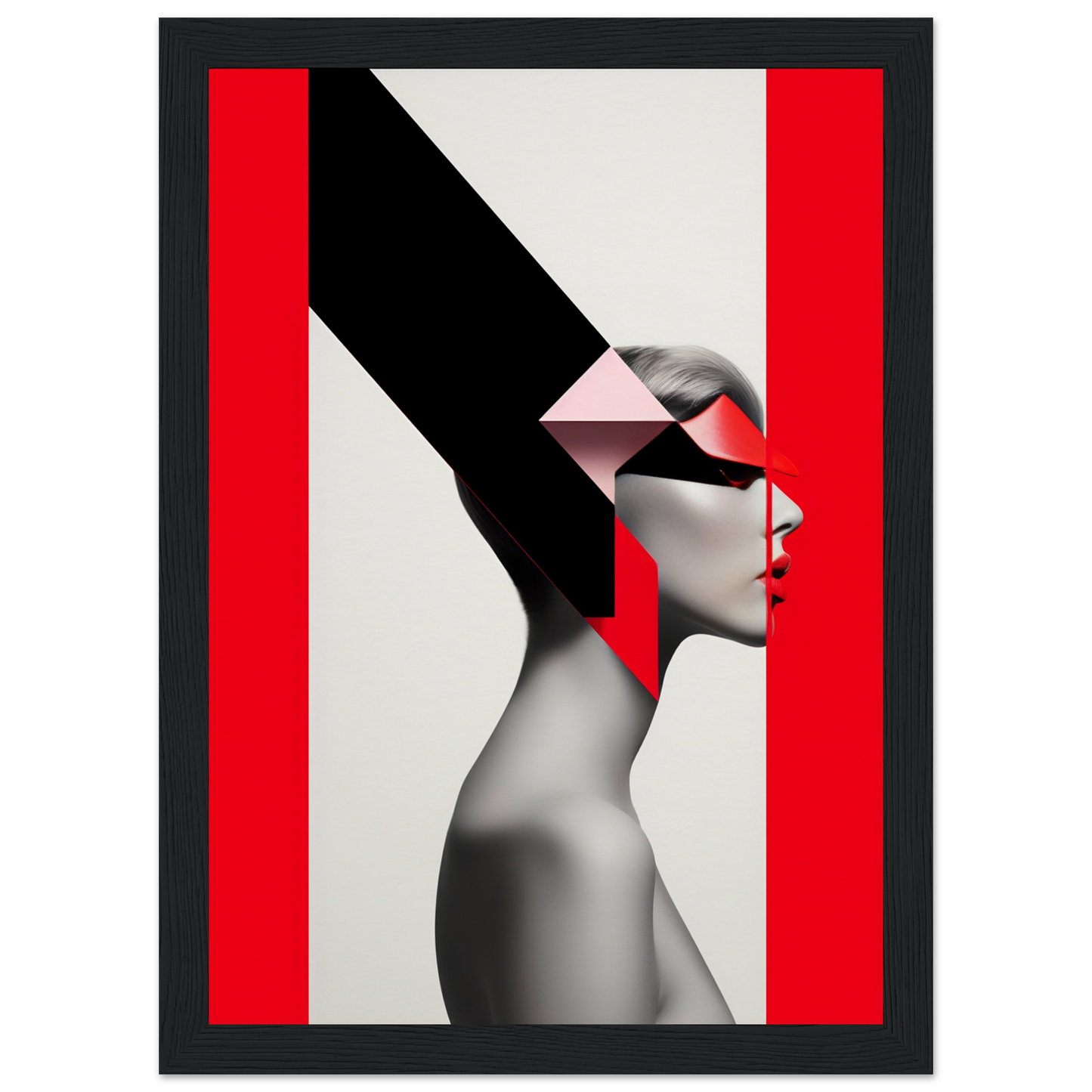 Stylized profile portrait of a person with geometric shapes and bold red accents.