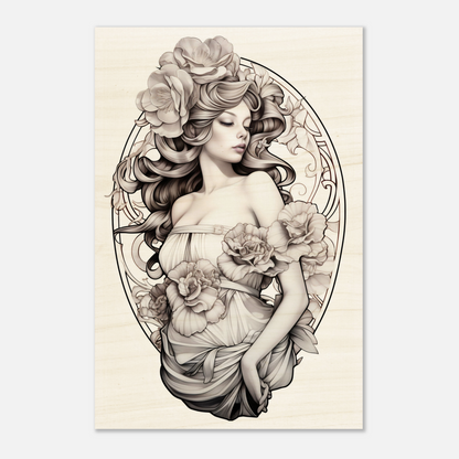 Intricate pencil drawing of a woman with flowing hair adorned with flowers in an Art Nouveau style.