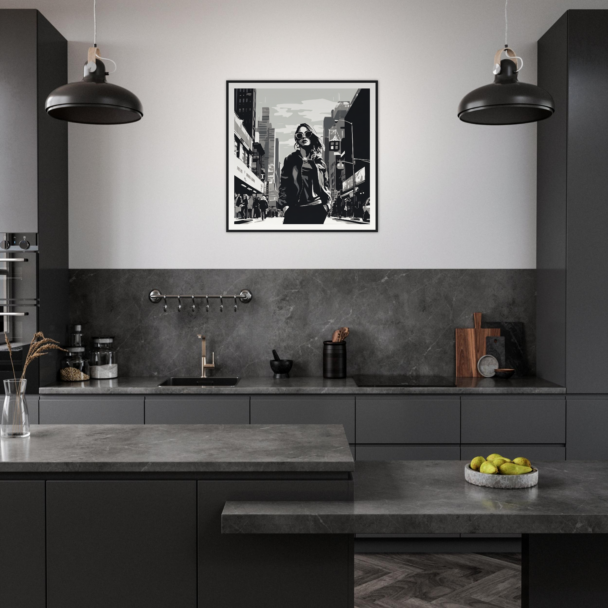 Modern dark gray kitchen with industrial pendant lights and Chic City’s Echoes framed art