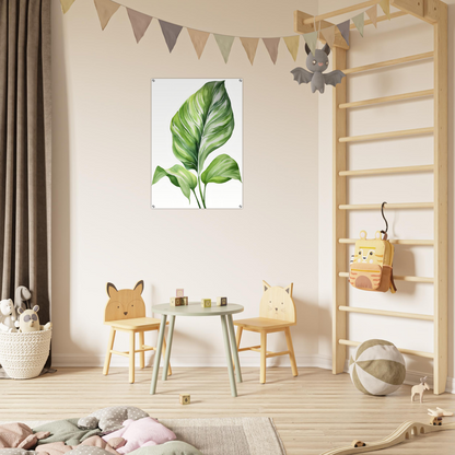 A child’s room with a wooden ladder and a green leaf on the wall