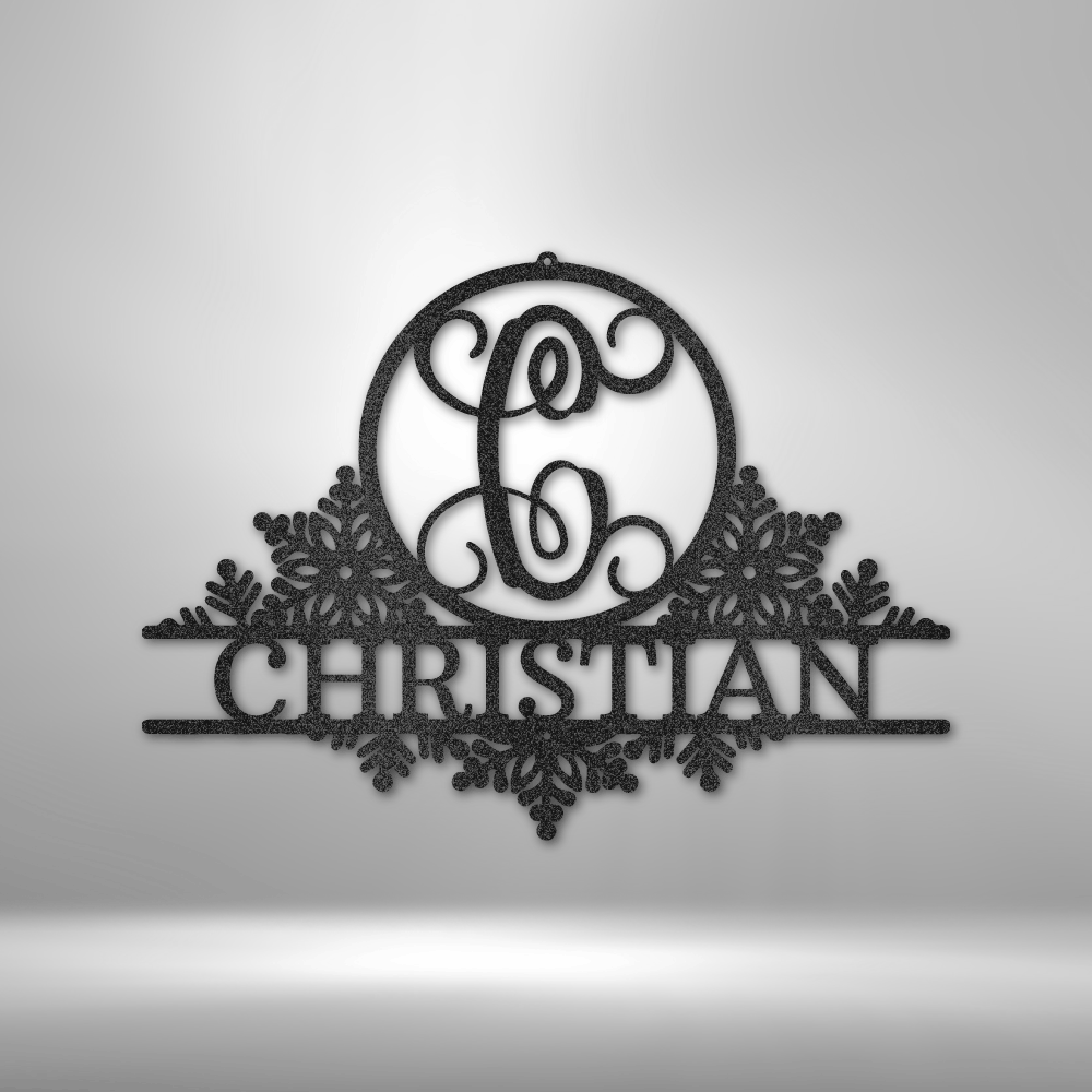 Decorative metal wall sign featuring the name ’Christian’ with an ornate monogram and snowflake-like designs.