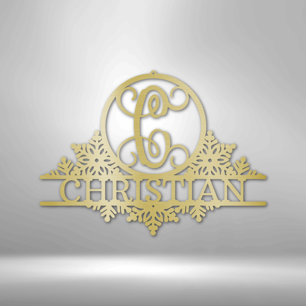 Decorative name sign featuring ’Christian’ with ornate scrollwork and snowflake designs.