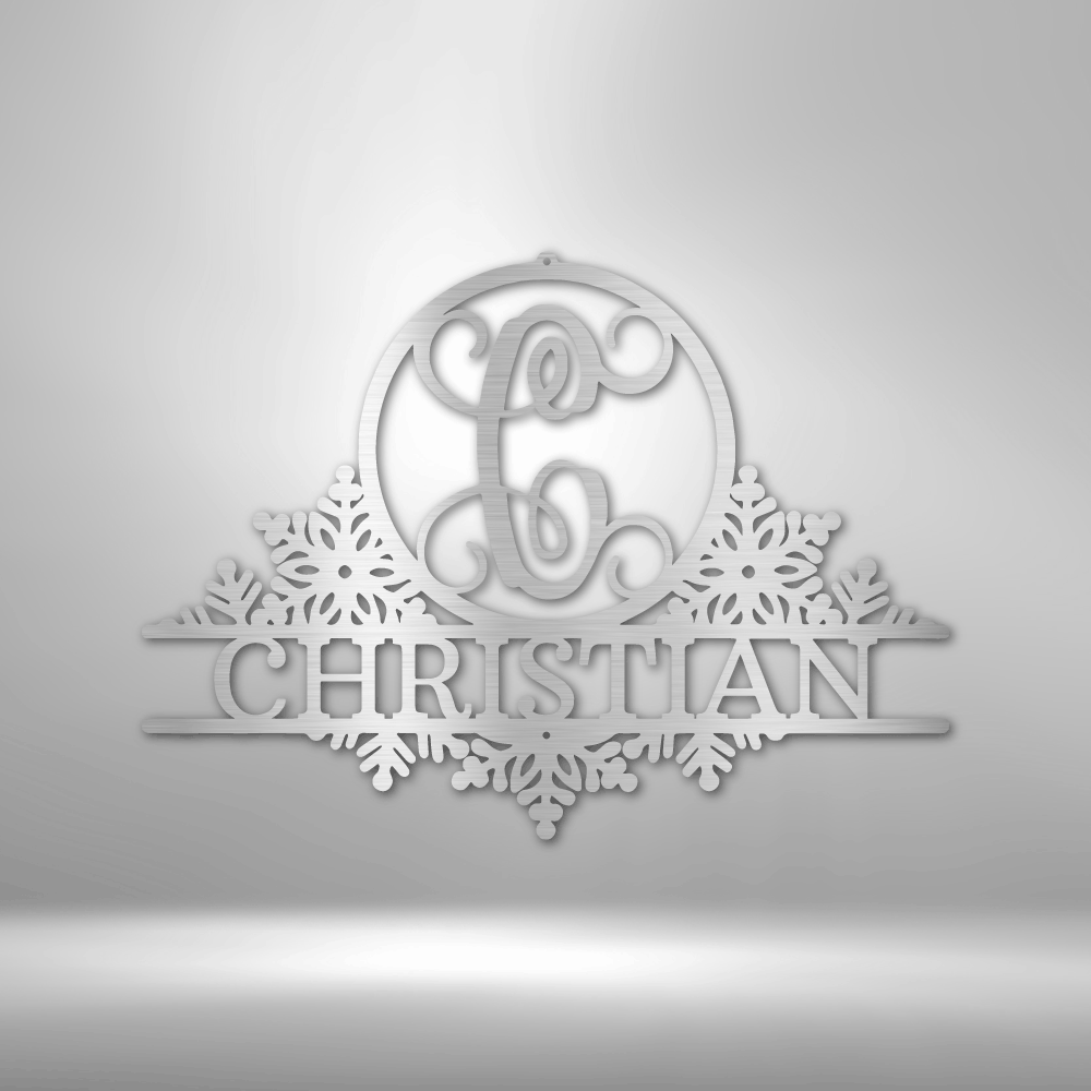 Ornate name sign reading ’CHRISTIAN’ with decorative snowflake elements and a monogram.