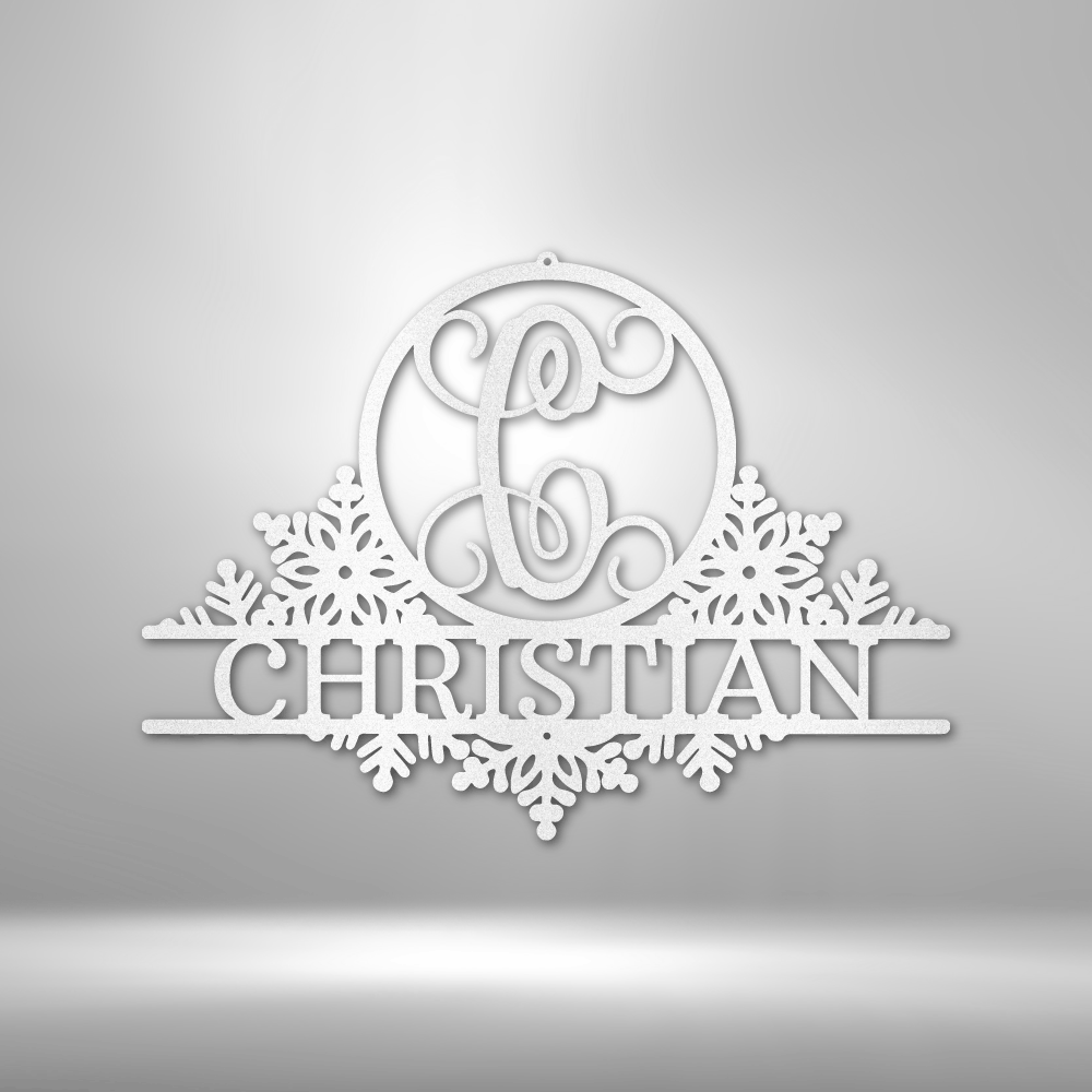 Ornate white Christmas ornament featuring the name ’Christian’ with snowflake decorations and a monogram.