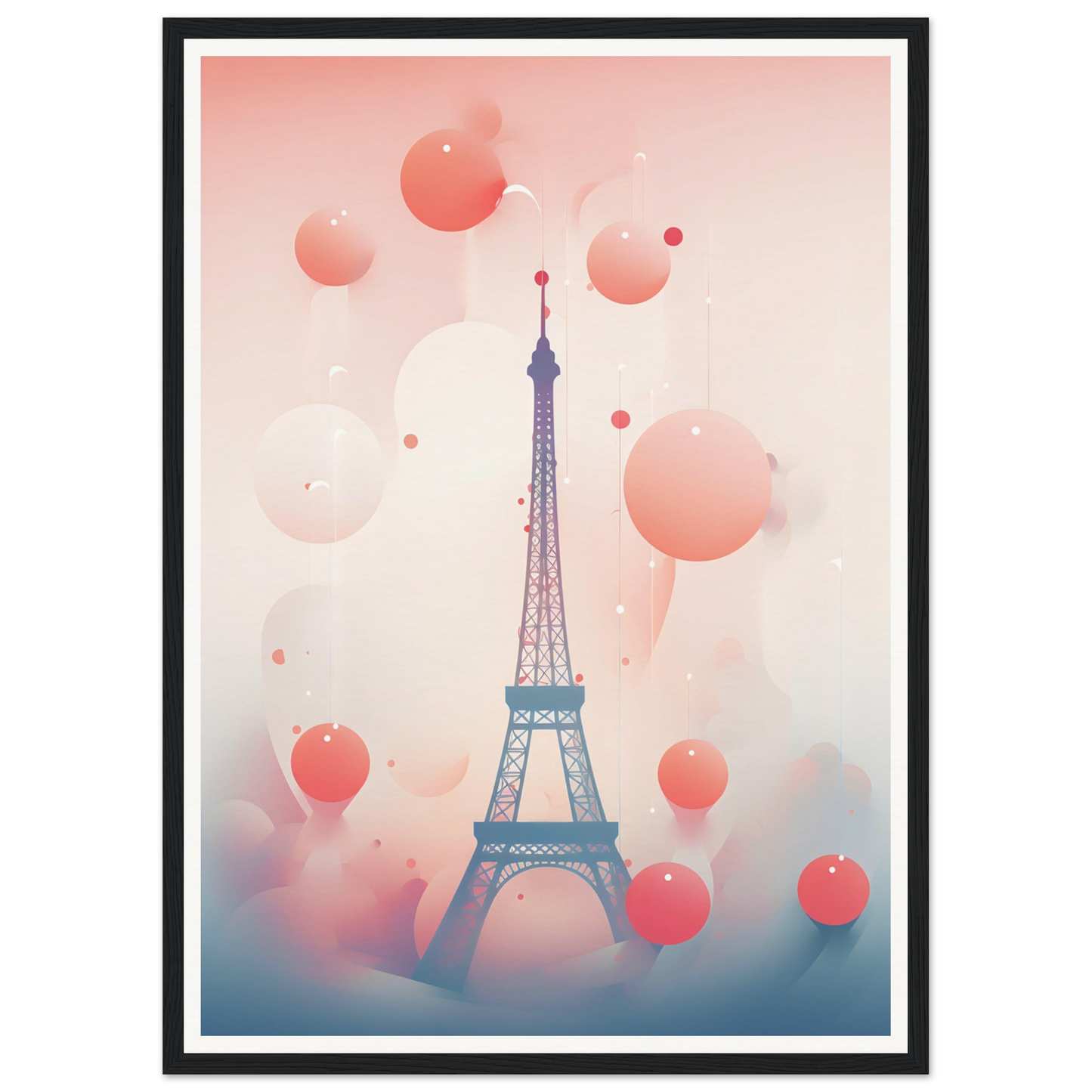 Eiffel Tower surrounded by floating pink spheres.