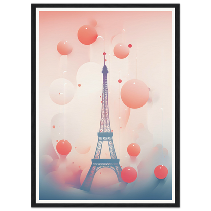 Eiffel Tower surrounded by floating pink spheres.