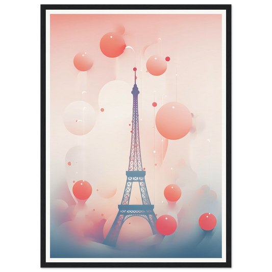 Eiffel Tower surrounded by floating pink spheres.