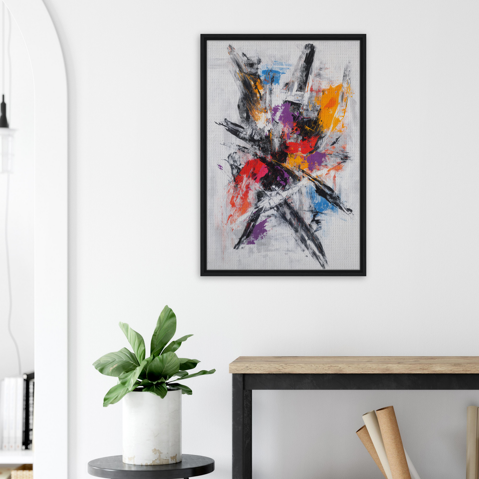 Abstract painting in a black frame titled Chromatic Chaos Ballet by Fashion Oracle™